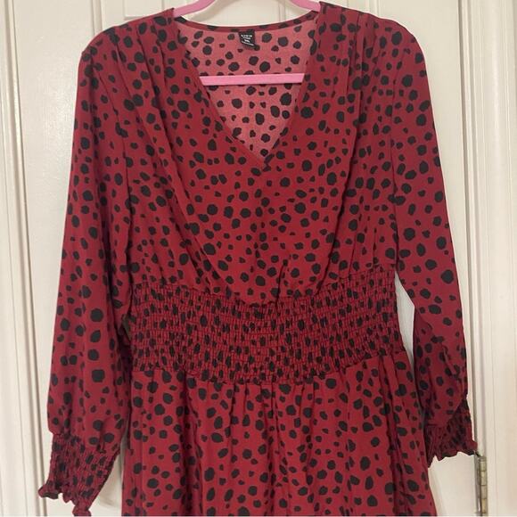 SHEIN • Burgundy Curve Plus Dalmatian Print Flare Sleeve Ruffle Hem Dress - Picture 3 of 7